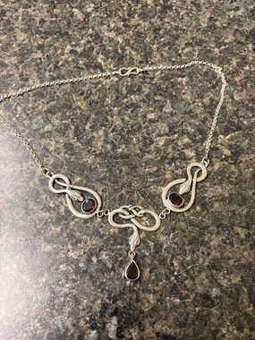 Sterling Silver Snake Motif Necklace with Red Garnet Drops